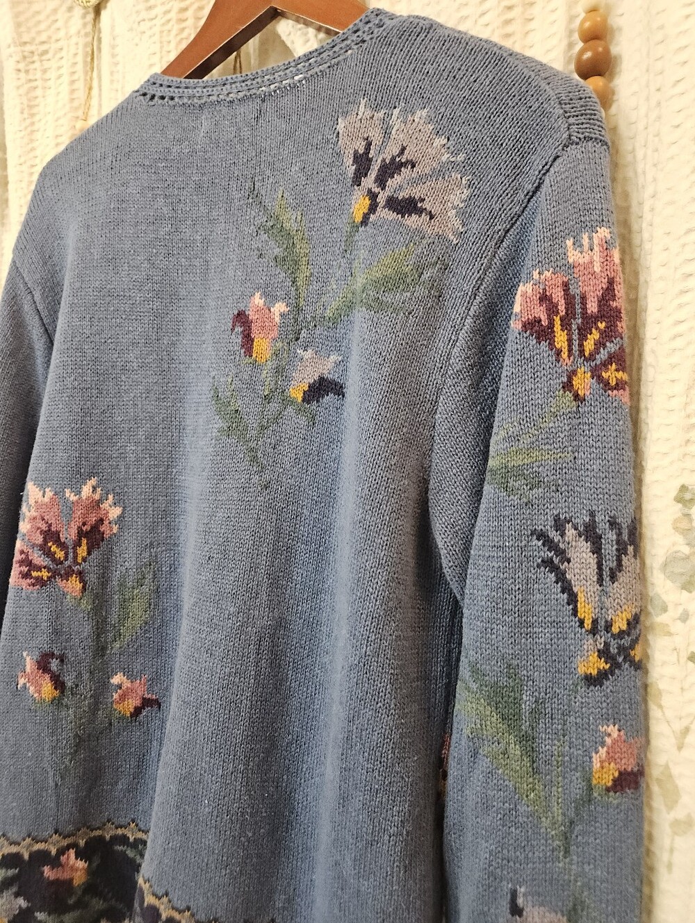 Coldwater Creek Vintage Blue Floral Knit Cardigan Sweater Medium Cottagecore - Picture 9 of 16